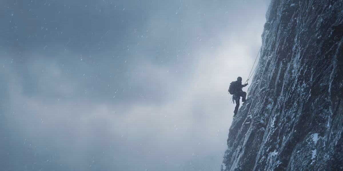 dark blue image of a man scaling the side of a steep Rocky Mountain